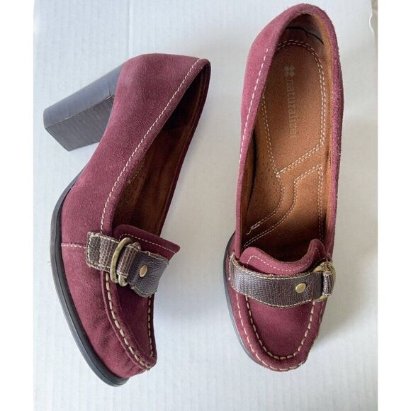 Womens Loafer Shoes Burgundy Suede Pumps Brown Strap Buckle Sz 7 7M - Picture 3 of 13